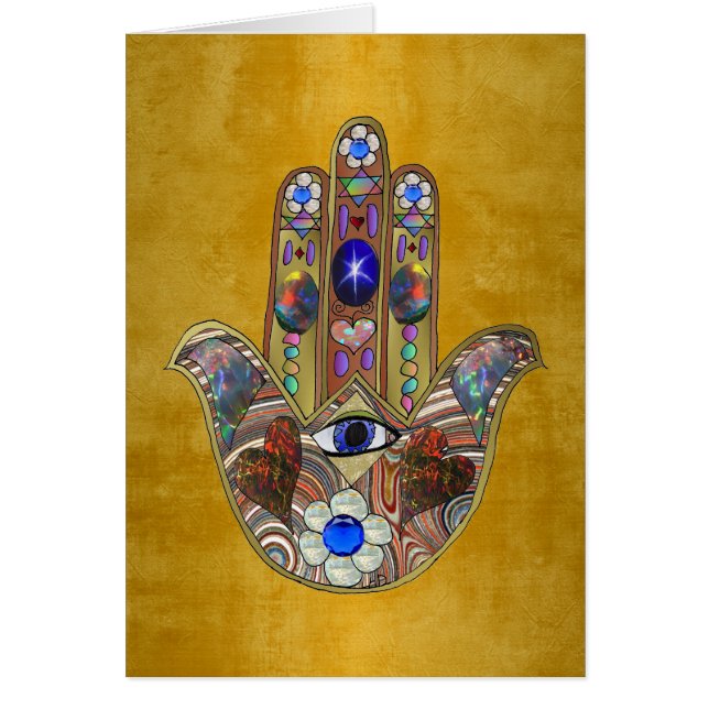 Hamsa Hearts Flowers Opal Art on Gold (Front)