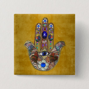 Hamsa Hearts Flowers Opal Art on Gold 2 Inch Square Button
