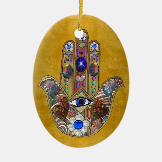 Hamsa Hearts Flowers Opal Art on Gold Ceramic Ornament (Front)
