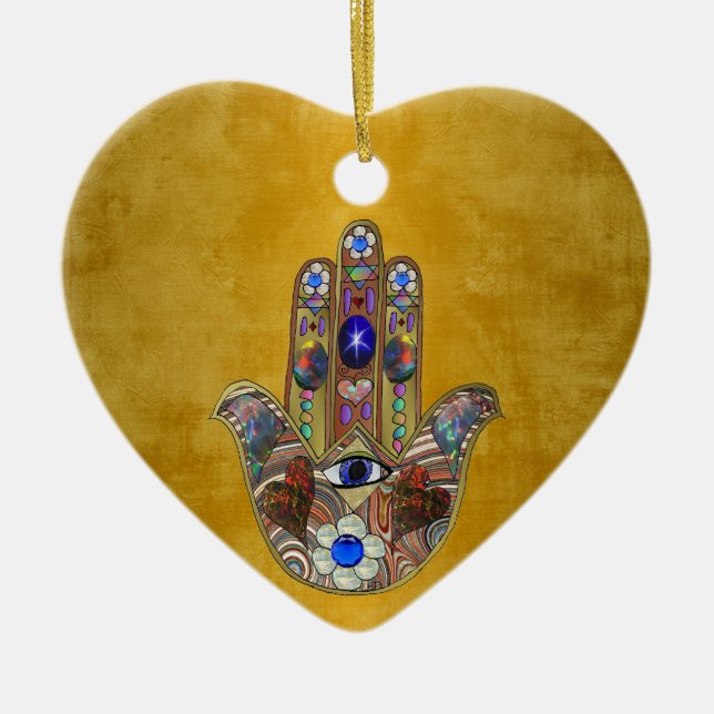 Hamsa Hearts Flowers Opal Art on Gold Ceramic Ornament (Front)
