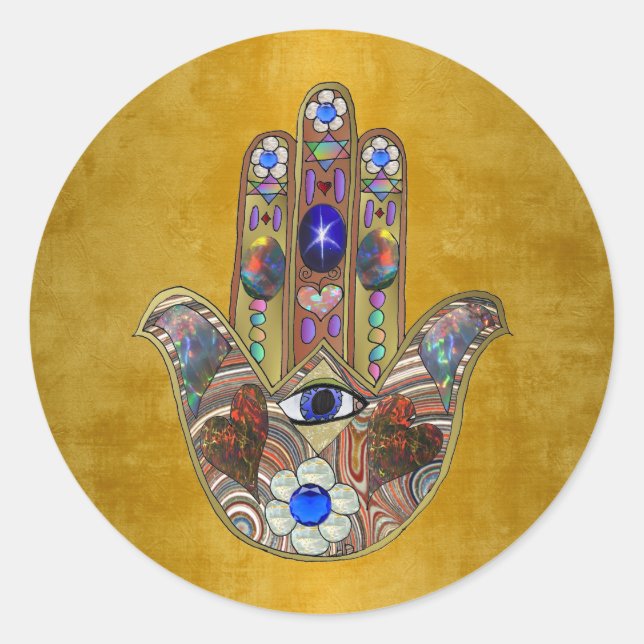 Hamsa Hearts Flowers Opal Art on Gold Classic Round Sticker (Front)