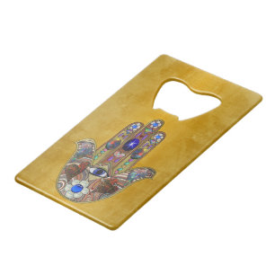 Hamsa Hearts Flowers Opal Art on Gold Credit Card Bottle Opener
