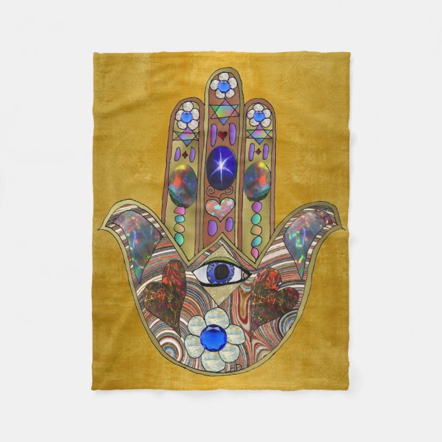 Hamsa Hearts Flowers Opal Art on Gold Fleece Blanket (Front)