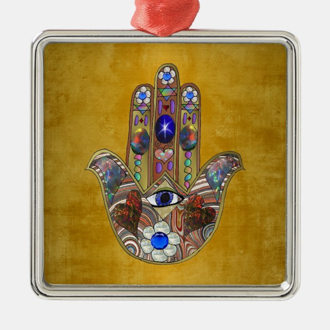 Hamsa Hearts Flowers Opal Art on Gold Metal Ornament (Front)