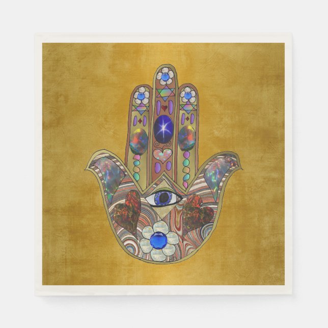 Hamsa Hearts Flowers Opal Art on Gold Napkin (Front)