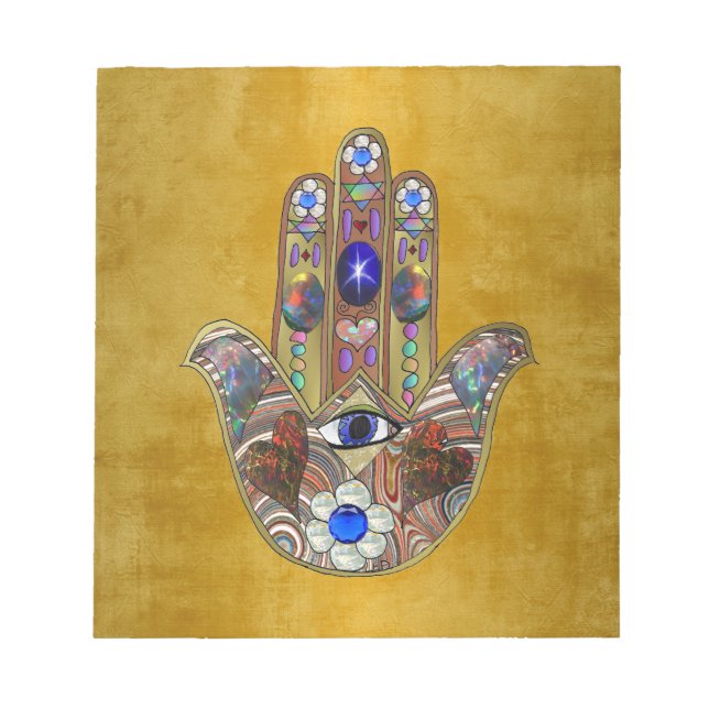 Hamsa Hearts Flowers Opal Art on Gold Notepad (Front)