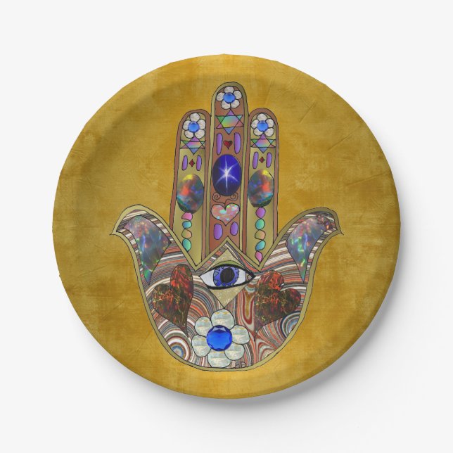 Hamsa Hearts Flowers Opal Art on Gold Paper Plate (Front)