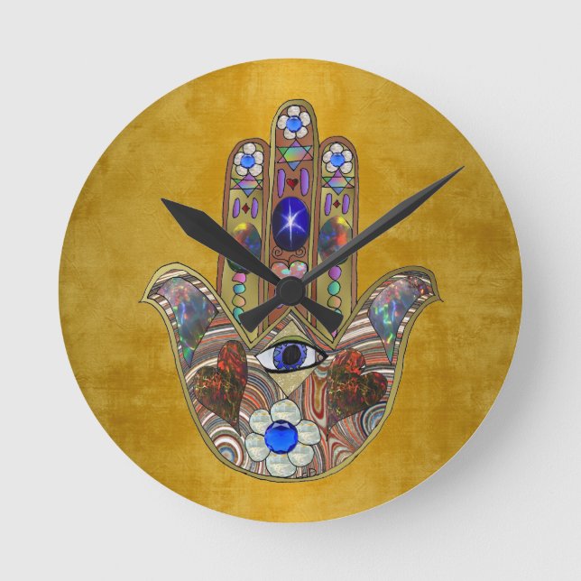 Hamsa Hearts Flowers Opal Art on Gold Round Clock (Front)