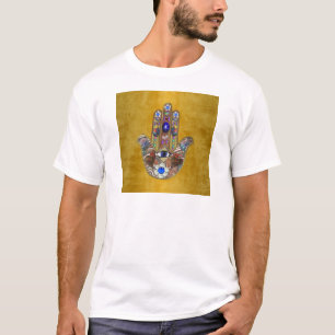 Hamsa Hearts Flowers Opal Art on Gold T-Shirt