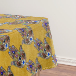 Hamsa Hearts Flowers Opal Art on Gold Tablecloth