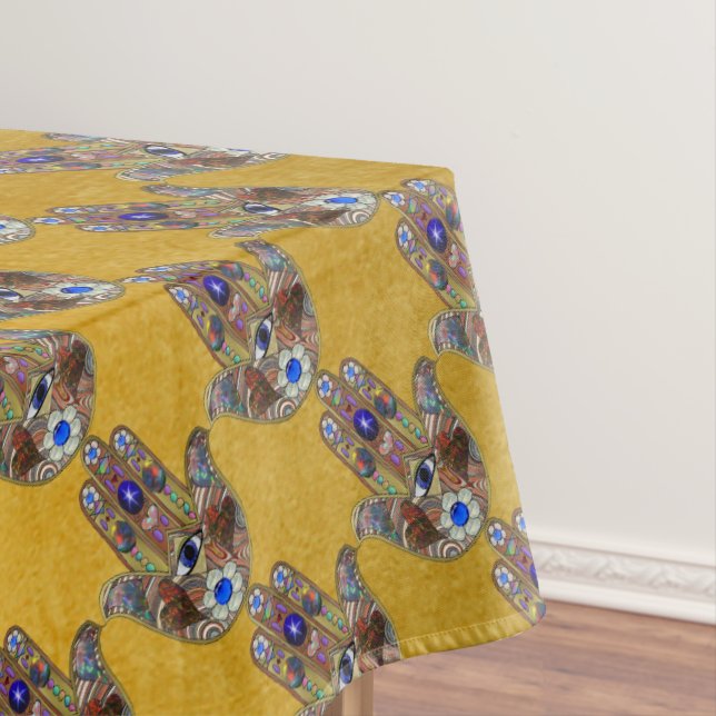 Hamsa Hearts Flowers Opal Art on Gold Tablecloth (In Situ)