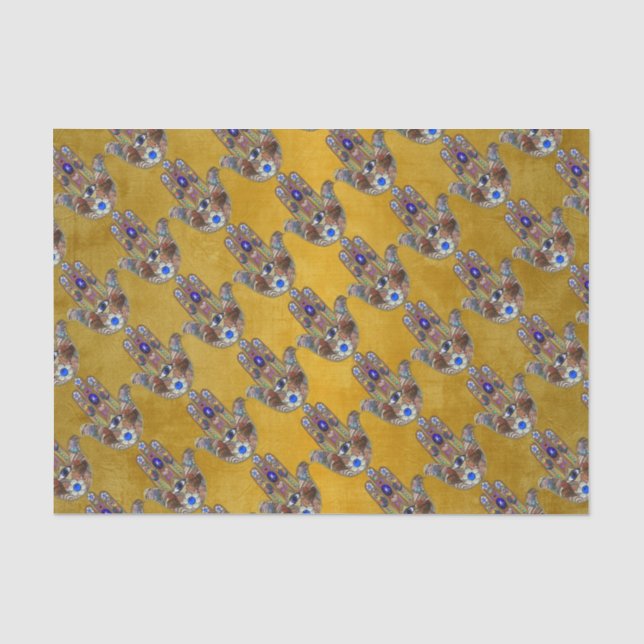 Hamsa Hearts Flowers Opal Art on Gold Tissue Paper (Front)