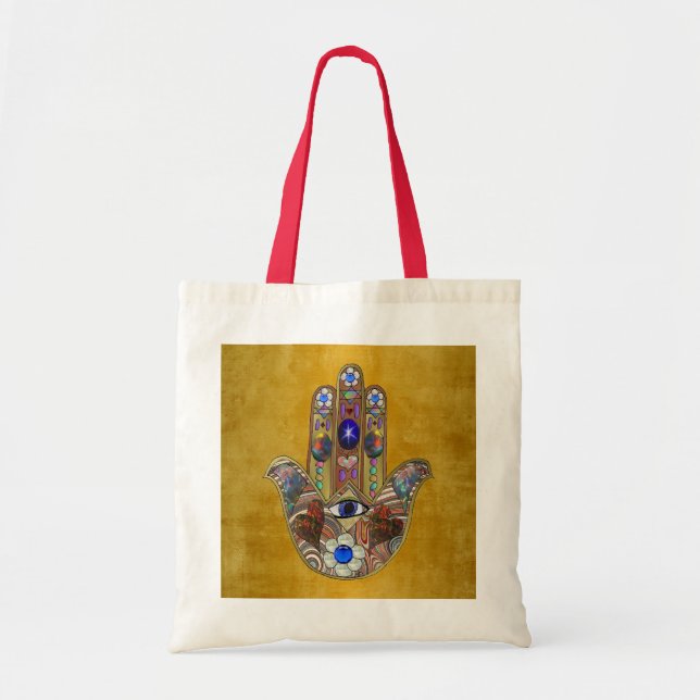Hamsa Hearts Flowers Opal Art on Gold Tote Bag (Front)
