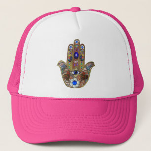Hamsa Hearts Flowers Opal Art on Gold Trucker Hat