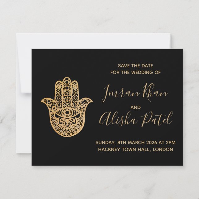 hamsa Henna Gold Black Desi Faire-part de mariage (Devant)