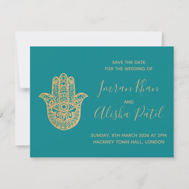 Hamsa Henna Or Bleu sarcelle Invitation de mariage (Devant)