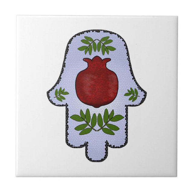 Hamsa, Pomegranate, Light Blue, Stained Glass Zazz Tile (Front)