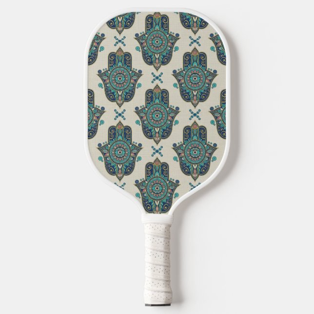 Hamsa Turquoise Blue Modern Mandala Pickleball Paddle (Front)