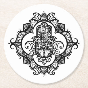 Hamsa With Ethnic Ornaments Doodle Round Paper Coaster