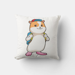 Hamster as Student with Backpack & Cap Throw Pillow