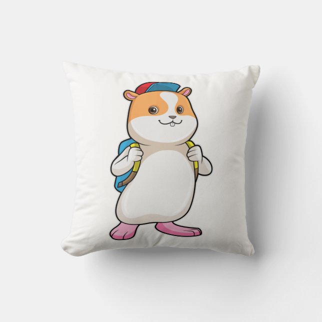 Hamster as Student with Backpack & Cap Throw Pillow (Front)