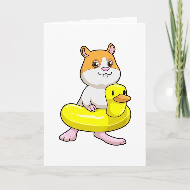 Hamster at Beach with Duck as Swim ring Card (Front)