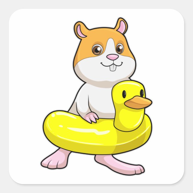 Hamster at Beach with Duck as Swim ring Square Sticker (Front)