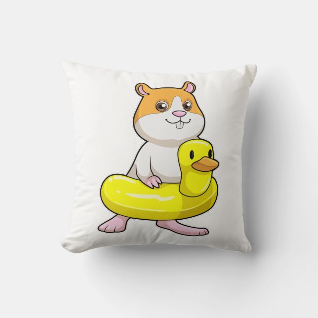 Hamster at Beach with Duck as Swim ring Throw Pillow (Front)