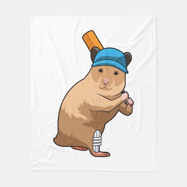 Hamster at Cricket with Cricket bat Fleece Blanket (Front)