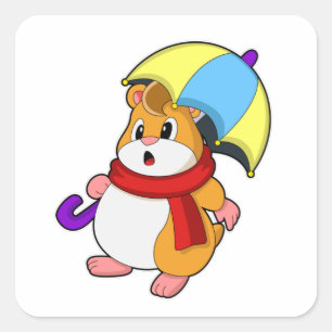 Hamster at Rain with Umbrella Square Sticker