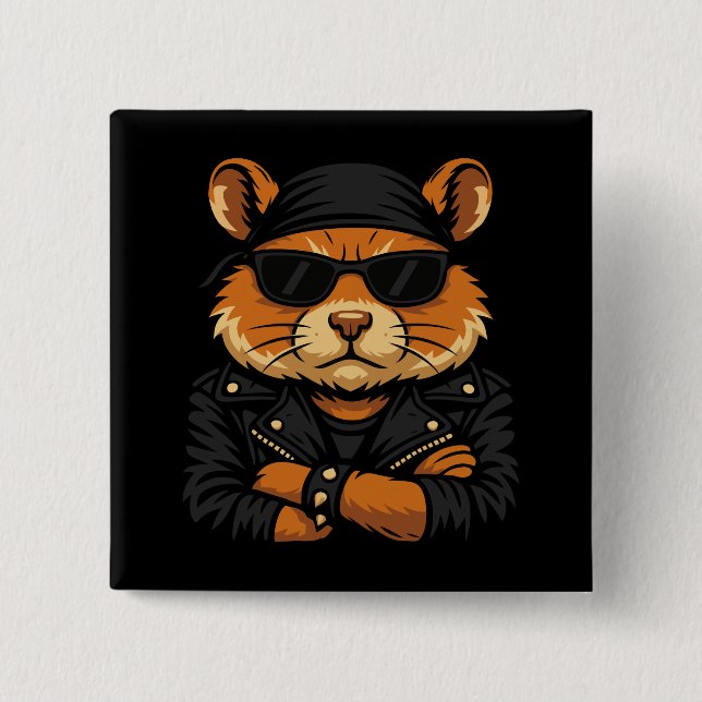 Hamster Biker Rider Leather Jacket Attitude 2 Inch Square Button (Front)