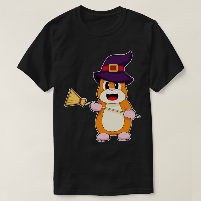 Hamster Halloween Witch Broom T-Shirt (Design Front)