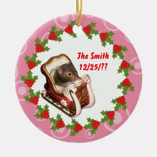 Hamster in a sled ceramic ornament (Front)
