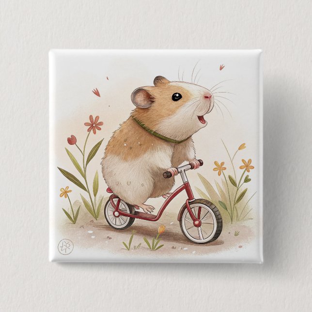 Hamster On Bike 2 Inch Square Button (Front)