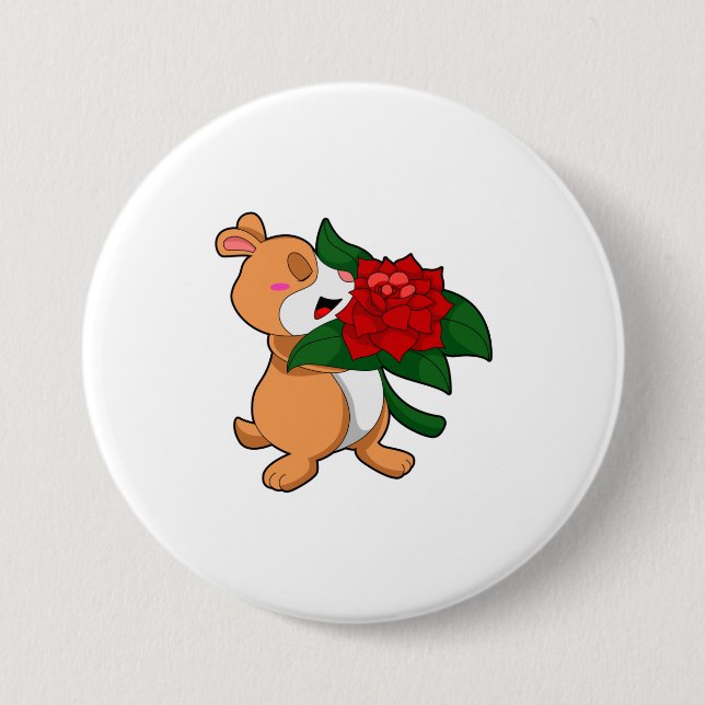 Hamster with Flower Rose 3 Inch Round Button (Front)