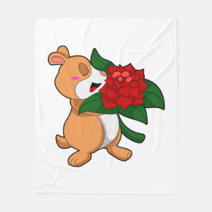 Hamster with Flower Rose Fleece Blanket