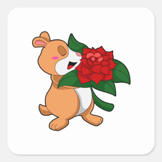 Hamster with Flower Rose Square Sticker (Front)