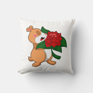 Hamster with Flower Rose Throw Pillow