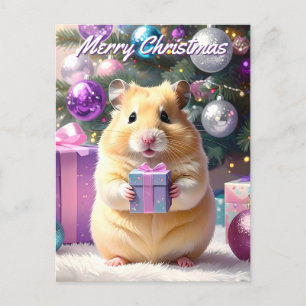 Hamster with Gift Christmas Holiday Postcard