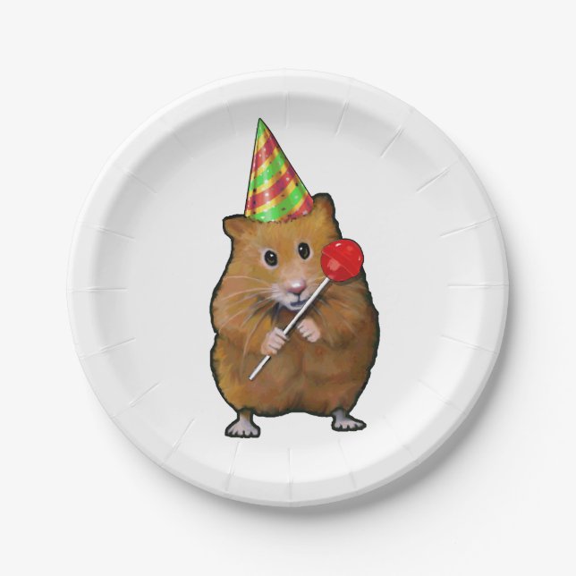 Hamster with Party Hat and Lollipop, Illustration Paper Plate (Front)