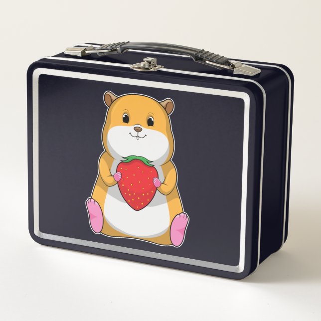 Hamster with Strawberry Metal Lunch Box (Front)