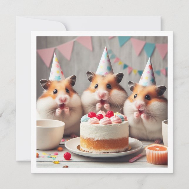 Hamsters mangeant gâteau invitation anniversaire (Devant)