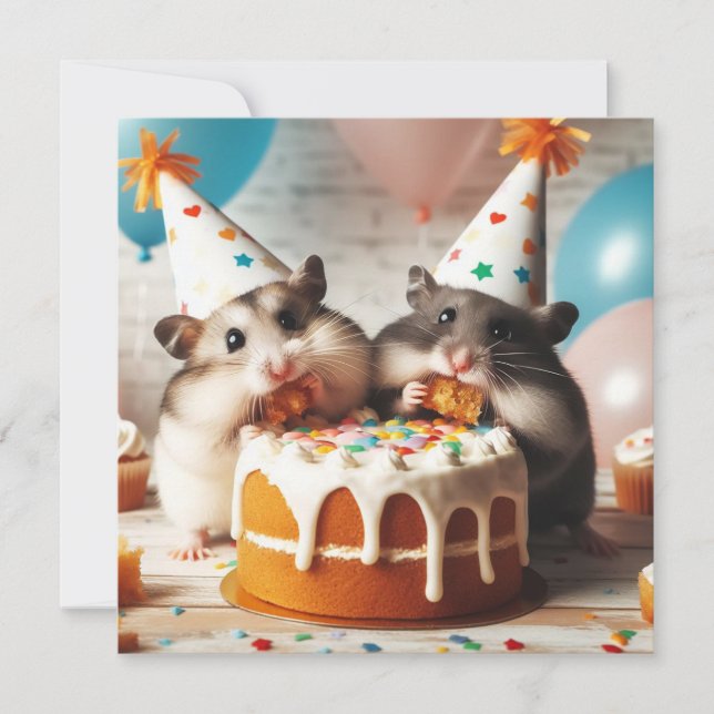 Hamsters mangeant gâteau invitation anniversaire (Devant)