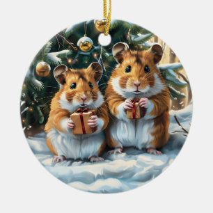 Hamsters With Gifts Christmas Ceramic Ornament