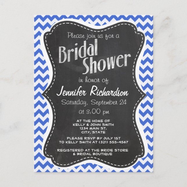 Han Blue Chevron Stripes; Chalkboard look Invitation Postcard (Front)