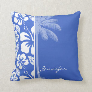 Han Blue Hawaiian Tropical Hibiscus; Palm Throw Pillow