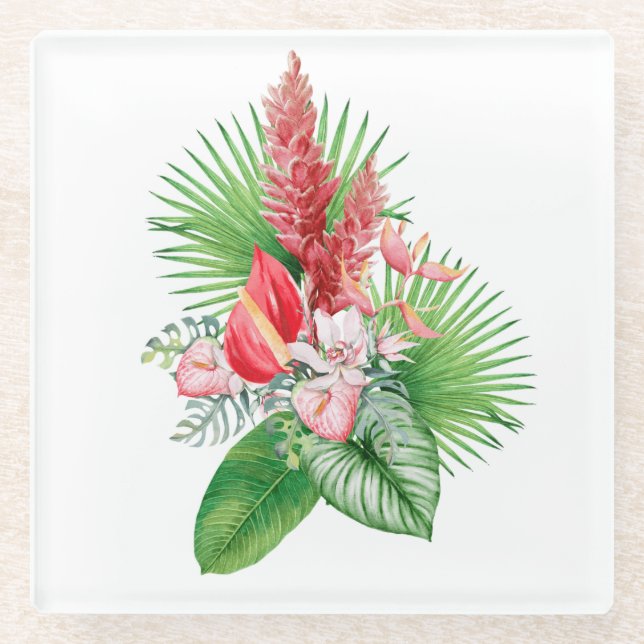 Hana Hou! (White) Hawaiian Flower arrangement  Glass Coaster (Front)
