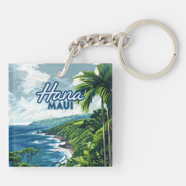 Hana Maui Hawaii Road to Hana Beach Coast Retro Keychain (Back)