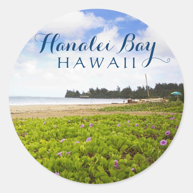 Hanalei Bay, Kauai Hawaii Beach Flowers Classic Round Sticker (Front)