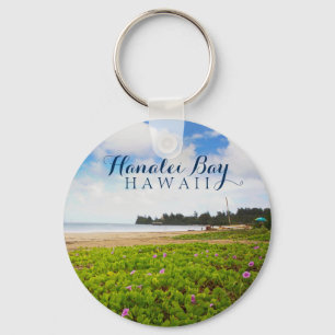 Hanalei Bay, Kauai Hawaii Beach Flowers Keychain